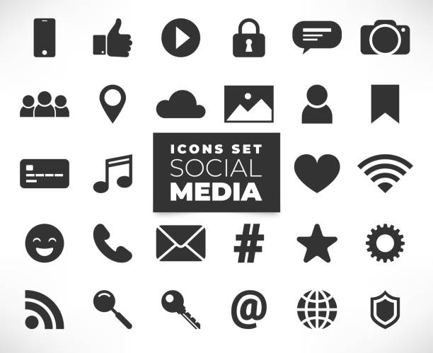 Black social media icons set Social media flat icons set isolated on white backgrond. 3d concept with chat, video, mail, phone, hashtag, like, music sign. Web illustration infographics collection social media icons stock illustrations