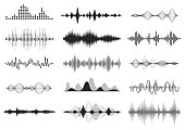 Black sound waves. Music audio frequency, voice line waveform, electronic radio signal, volume level symbol. Vector curve radio waves set