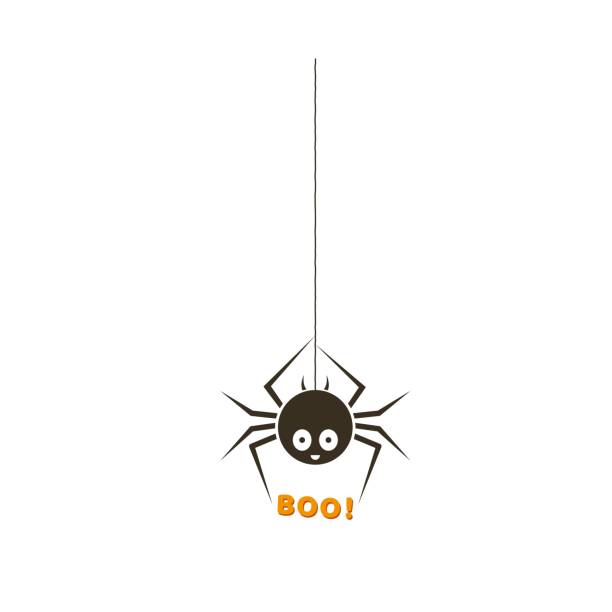 Black spider. Halloween funny childish spider hanging from the top with cute smiley face and text Boo. Vector illustration. Black halloween funny childish spider hanging from the top with cute smiley face and text Boo. cute spider stock illustrations