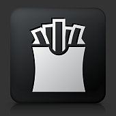 Black Square Button with French Fries Icon. This royalty free vector image features a white interface icon on square black button. The vector button has a bevel effect and a light shadow. The image background is dark grey and the button has a light reflection.