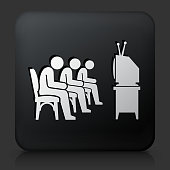 Black Square Button with People Watching TV. This royalty free vector image features a white interface icon on square black button. The vector button has a bevel effect and a light shadow. The image background is dark grey and the button has a light reflection.