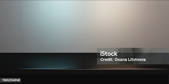 istock Black steel countertop, empty shelf vector realistic mockup 1365254048