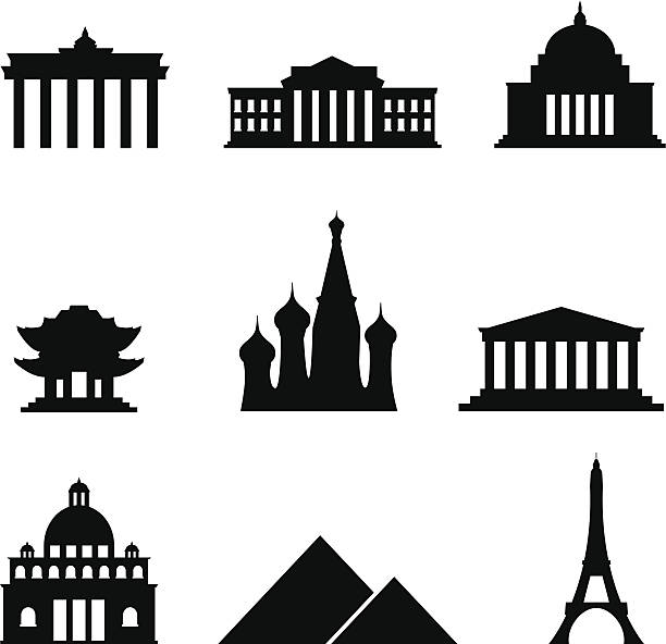 czarny styl zestaw ikon punktów orientacyjnych - synagogue stock illustrations