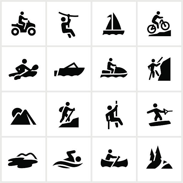 Black Summer Adventure Icons Outdoor summer adventure icons. All white strokes/shapes are cut from the icons allowing the background to show through. adventure icons stock illustrations