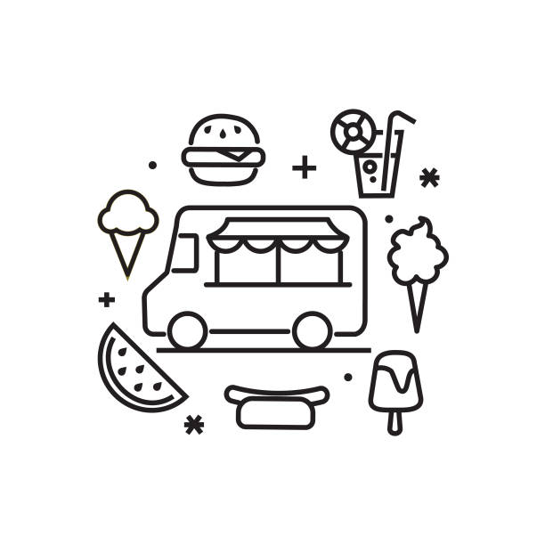 Black Summer food truck festival elements thin line Icon set - editable stroke Vector illustration of black and white line art summer food truck icons. Includes lemonade, ice cream, popsicle, watermelon slice, and hamburger and hotdog. Fully editable stroke outline for easy editing. Simple set that includes vector eps and high resolution jpg in download. food truck stock illustrations