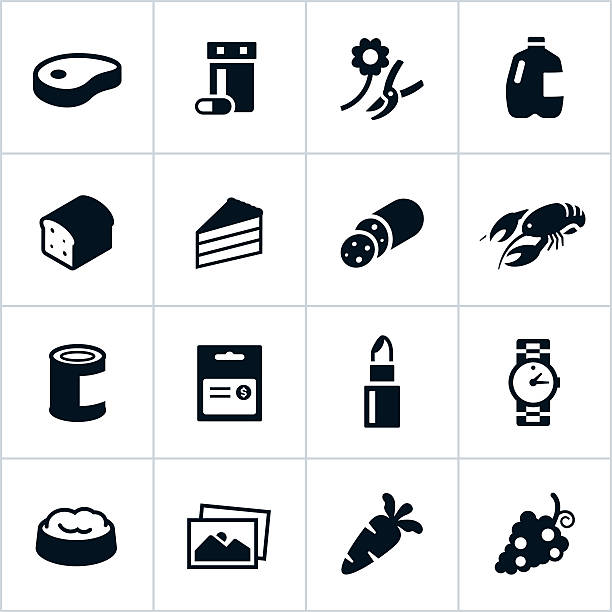 Black Supermarket Departments Icons Icons representing common supermarket departments. Departments include meat, dairy, bakery, food, pharmacy, seafood, pet and produce. supermarket symbols stock illustrations
