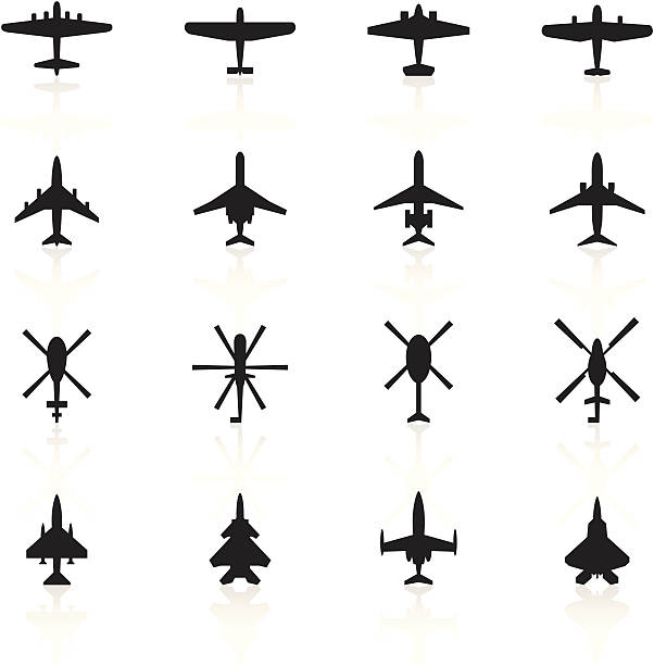 Black Symbols - Airplanes &amp; Helicopters Simple black icons representing different models of airplanes & helicopters. military helicopter stock illustrations