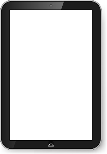 Black tablet with blank screen on white background