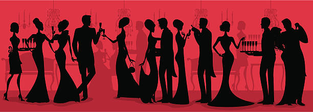Black Tie Ball Silhouette A group of elegant people at a black tie event. See below for a fully detailed version of this silhouette. champagne silhouettes stock illustrations