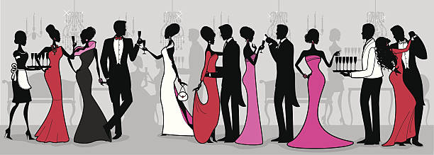 Black Tie Ball A group of elegant people at a black tie event. All characters on separate layers for easy editing. See below for this file in a silhouetted version champagne silhouettes stock illustrations