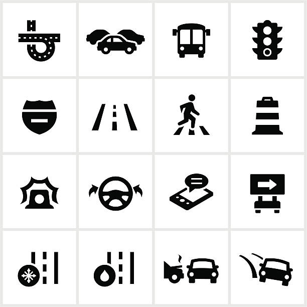 Black Traffic Icons Traffic/Driving icons. All white strokes/shapes are cut from the icons and merged allowing the background to show through. road symbols stock illustrations