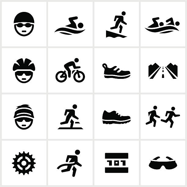Black Triathlon Icons Triathlon icons. All white strokes/shapes are cut from the icons and merged allowing the background to show through. triathlon stock illustrations