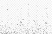 Vector black underwater air bubbles texture isolated on light transparent background. Fizzing bubbles in aquarium, champagne or effervescent drink. 3d transparent realistic oxygen gas bubbles.