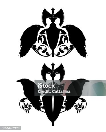 istock black vector heraldic design set with shield, raven birds, axe and king crown 1355497998