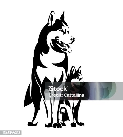 istock black vector outline of standing siberian husky sled dog and her puppy 1365144313