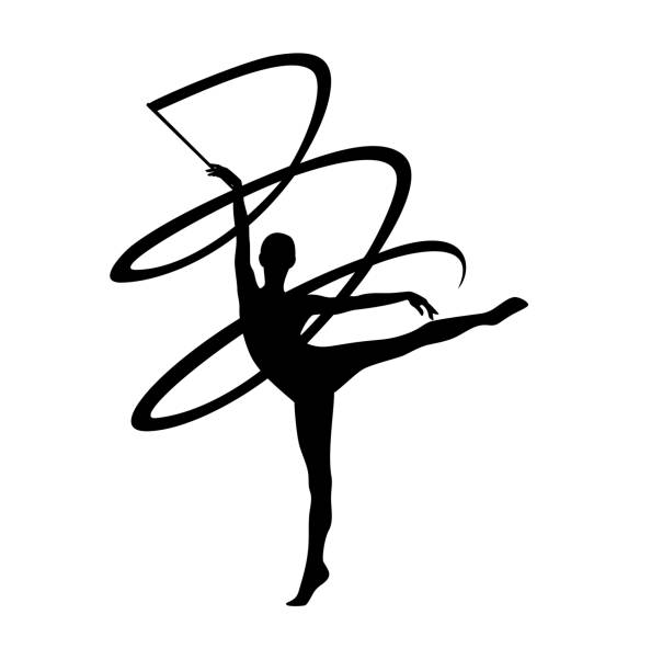 新体操リボンルーチンを実行する女性の黒いベクトルシルエット - 新体操点のイラスト素材／クリップアート素材／マンガ素材／アイコン素材