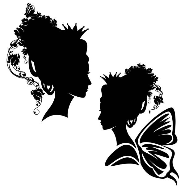 black vector silhouette portrait of fairy tale nymph princess with rose flowers and butterfly wings floral fairy queen or princess with rose flowers and butterfly wings black and white vector silhouette portrait butterfly fairy flower white background stock illustrations