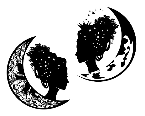 black vector silhouette portrait of fairy tale princess with rose flowers in hairstyle and crescent moon