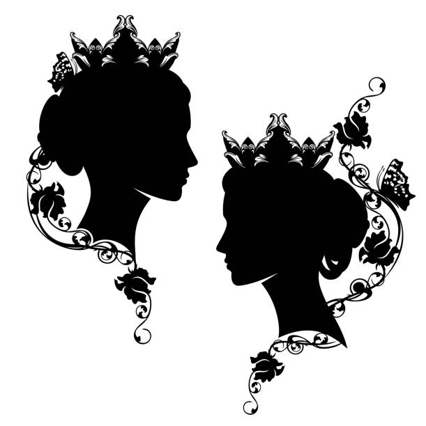 black vector silhouette portrait of fantasy queen with rose flowers medieval fairy tale queen or princess with rose flowers and butterfly black and white vector silhouette portrait butterfly fairy flower white background stock illustrations