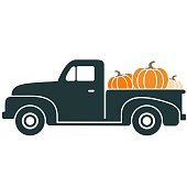 istock Black Vintage Pickup Truck with Pumpkins Vector 1270164314