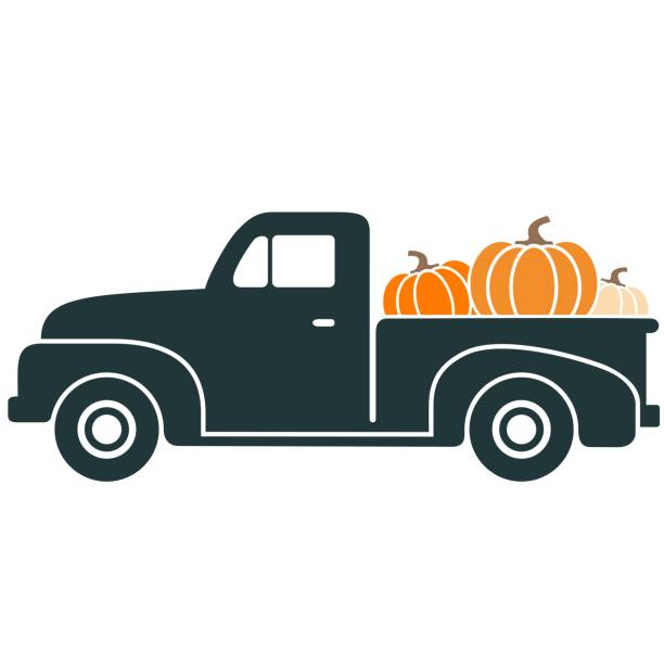 Black Vintage Pickup Truck with Pumpkins Vector Fun, colorful, retro pickup truck carrying pumpkins vector illustration. truck stock illustrations