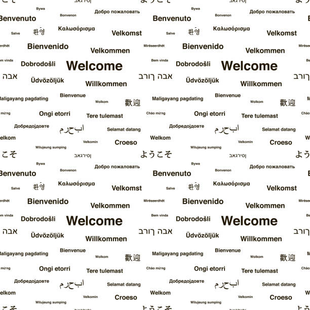 Black welcome phrases in different languages on white, seamless pattern Black welcome phrases in different languages of the world on white, seamless pattern variation stock illustrations