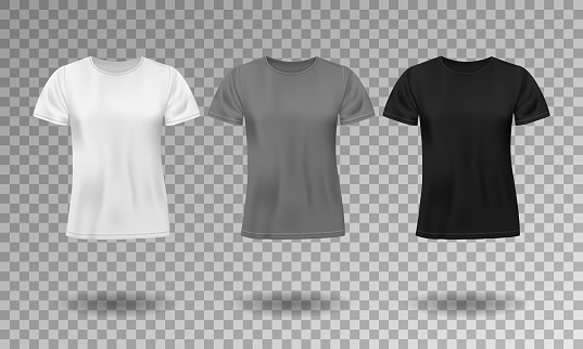 Black, white and gray realistic male t-shirt with short sleeves. Blank t-shirt template isolated. Cotton man shirt design. Vector illustration