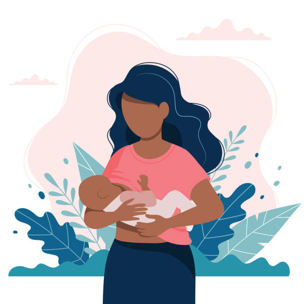 stockillustraties, clipart, cartoons en iconen met zwarte vrouw borstvoeding van een baby met de natuur en bladeren achtergrond. concept vector illustratie in platte stijl. - breastfeeding