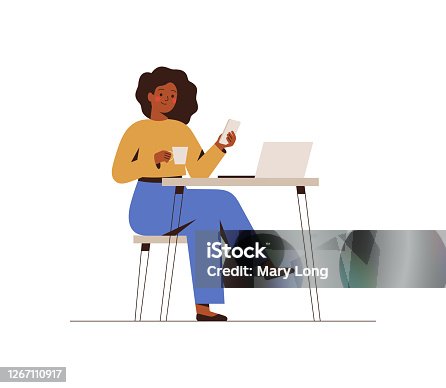 istock Black Woman chatting on a smartphone sitting at the cafe table. Happy freelancer or office female working remotely use a laptop. 1267110917
