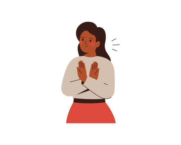 Black woman crossed her hand as protest for something. African American business female stood against smth. Girl say no by gesture. vector art illustration