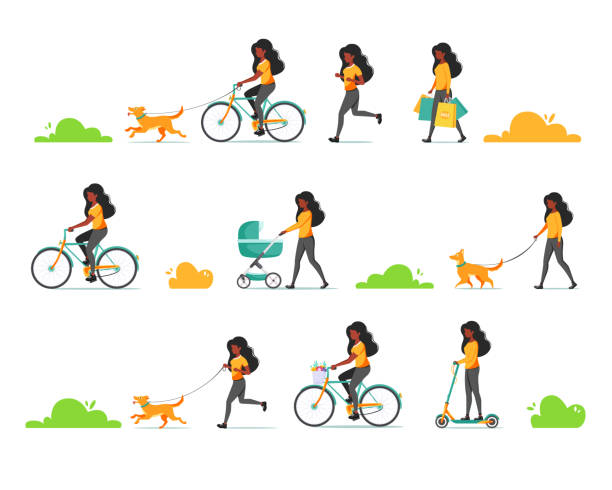 stockillustraties, clipart, cartoons en iconen met zwarte vrouw die diverse openluchtactiviteiten doet: gang met hond, kind, berijdende fiets, scooter, het joggen - hardlopen vorouw