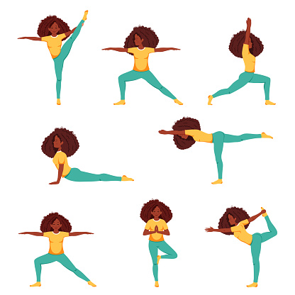 Black woman doing yoga. Set of yoga poses. Healthy lifestyle, wellbeing, relax, recreation. Vector illustration