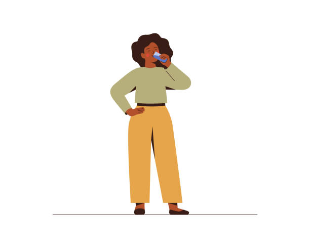 검은 여자는 기쁨과 유리에서 물을 마십니다. 아프리카계 미국인 소녀는 집이나 사무실에서 갈증을 해소합니다. - 식수 stock illustrations