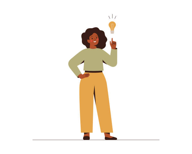 Black woman points on light bulb over her. Happy African female entrepreneur has business idea. Concept of innovation, solution and creativity. Black woman points on light bulb over her. Happy African female entrepreneur has business idea. Concept of innovation, solution and creativity. Vector illustration women clipart stock illustrations
