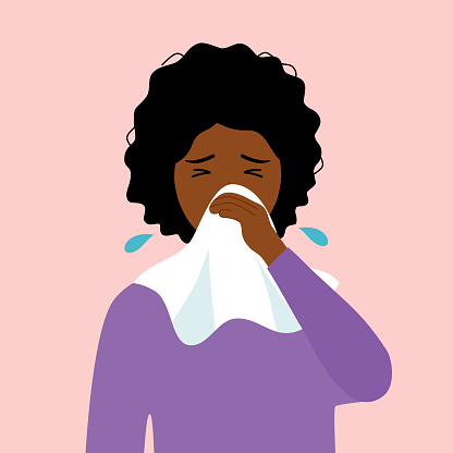 Black woman sneezing concept vector. African woman in blowing in handkerchief. Sick woman sneeze. Season allergy. COVID-19 Coronavirus infection.