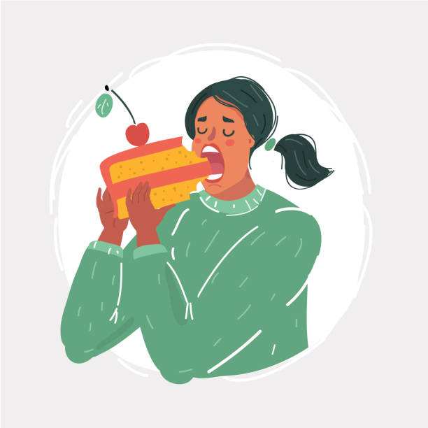stockillustraties, clipart, cartoons en iconen met zwarte vrouw die een reusachtige beet uit een buitensporige dessert neemt - woman eating