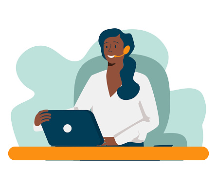 Black woman with a headset is working at the computer in the call center. African female works in the support department. Online communication, hotline. Vector illustration
