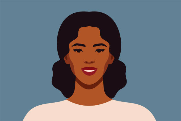 illustrations, cliparts, dessins animés et icônes de femme noir avec le cheveu bouclé dans un groupe sourit et regarde directement. jeune femelle confiante avec la vue avant brune de verticale de peau sur un fond bleu. - portrait femme