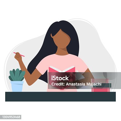 istock Black woman writes in a notebook. Planning, studying, writing or reading concept. Flat style vector illustration. 1304953468