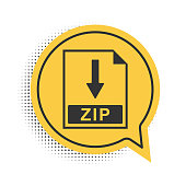 istock Black ZIP file document icon. Download ZIP button icon isolated on white background. Yellow speech bubble symbol. Vector 1288447258