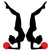 black-and-white silhouette image of the figures of sportswomen, gymnastics, exercises with objects-a ball and a ribbon