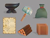 Blacksmith workshop crafting tools, items and materials. Anvil and iron hummer, wood logs, sword blueprints. Game and app ui icons.