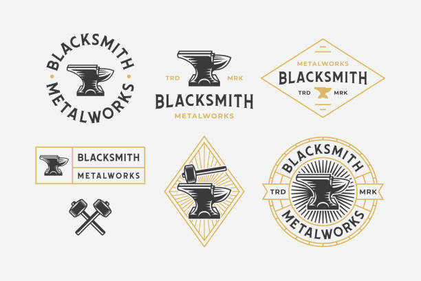 Blacksmith Logo Set White Blacksmith Logo vector illustration set with white background. Suitable for graphic element such as logo design, apparel, poster, and other design needs. Non-Layered. blacksmith stock illustrations