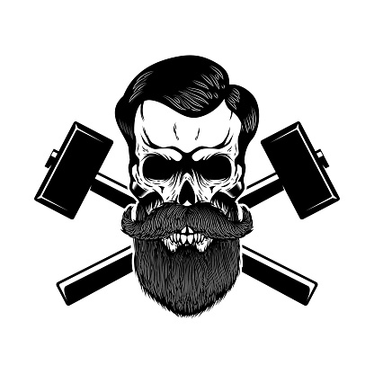 Blacksmith skull with crossed hammers. Design element for label, sign, emblem. Vector illustration