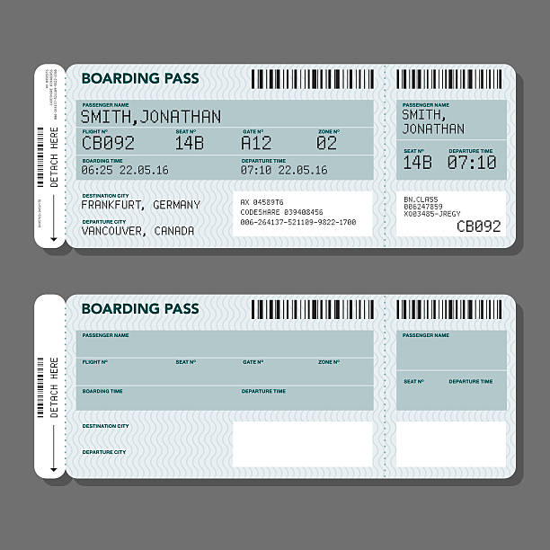 Blank Airport Boarding Pass Template Two simple generic airport boarding pass icons. One has 'dummy' text added (fake names and flight information) while the other is blank, allowing you to add your own text. Isolated on gray, and the background is on its own layer so it's easy to remove. Download includes an AI10 EPS file as well as a high resolution RGB JPEG. airport clipart stock illustrations