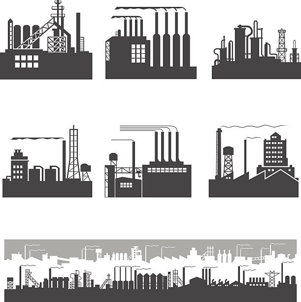 Blank and white graphic of factory silhouettes Some industrial Factories silhouette patterns. factory silhouettes stock illustrations