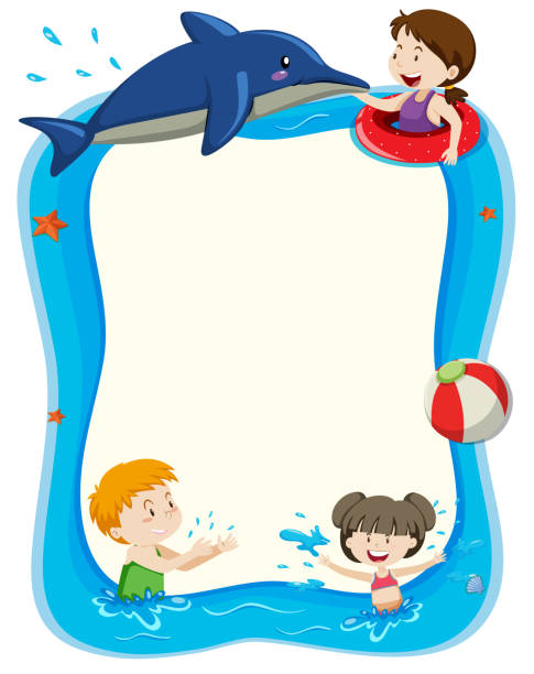 Blank banner with children playing in water illustration