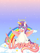 Blank banner with cute unicorn in the pastel sky background illustration
