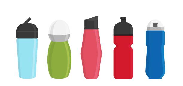 Blank bicycle plastic bottles for water vector Blank bicycle plastic bottles for water vector illustration. Drink container clean beverage. Sport water bottle. Mineral bottled sporty accesssories. Thirsty power eco aqua product. reusable water bottle stock illustrations