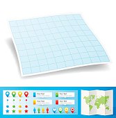 Blank blue graph paper with location pins isolated on a white background.